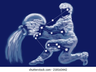 Aquarius. Sign Aquarius  And Constellation On Night Sky