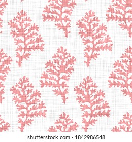 Aquatic red coral reef on cream linen texture background. Summer coastal living style home decor tile. Under the sea life maritime material. Modern mariner natural textile seamless pattern.