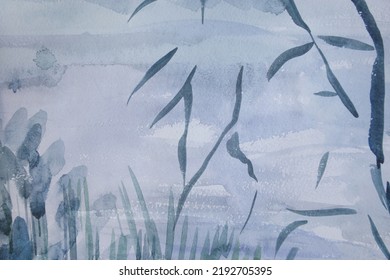 Aquatic Vegetation On Shore. Neutral Landscape. Dim One Color Pale Blue Painting. Liquid Ink And Airy Brush Strokes Surface Effect. Grungy Paper Weathered Texture. Tranquility Concept.