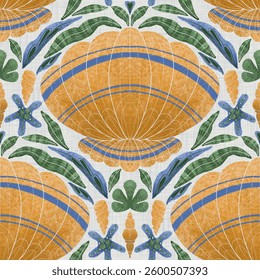 Aquatic Wonders seamless pattern,pattern features a marine theme with elements such as coral, sea stars, and various shells.