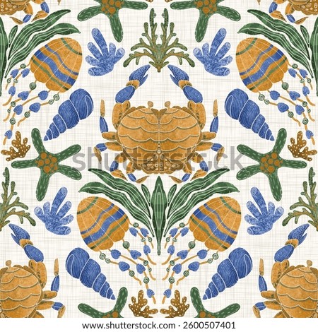 Aquatic Wonders seamless pattern,pattern features a marine theme with elements such as coral, sea stars, and various shells.