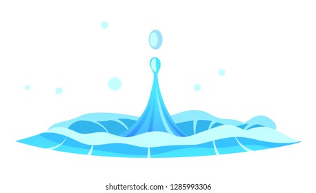 Aqueous Stream With Splashes Of Blue Crystal Aqua And Jet Oozes From Center. Geyser Flow Of Water From Under Earth Isolated On White. Raster Illustration Of Hot Spring In Flat Design Cartoon Style