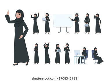 Arab Businesswoman. Saudi Muslim Business Woman Character. Islam Arabian Female In Business Activity, Cartoon Office Lady Set