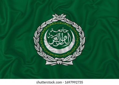 Arab League Regional Organization Flag On Wavy Silk Textile Fabric Background.