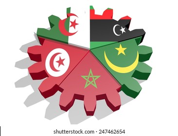 Arab Maghreb Union - AMU Association Of Five National Economies Members Flags On Gear