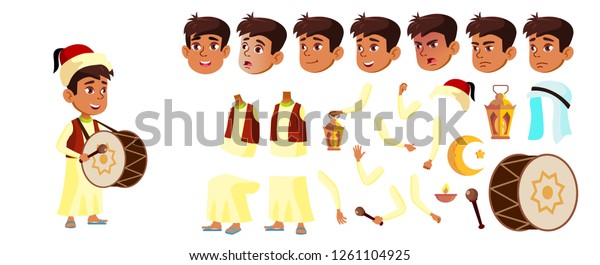 Arab,\
Muslim Boy Schoolboy Kid. Celebrating Ramadan Kareem. Animation\
Creation Set. Young. For Postcard, Cover, Placard Design. Face\
Emotions, Gestures Animated Isolated\
Illustration