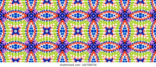 Arab Pattern. Dots, Red, Green, Blue Seamless Texture. Abstract Kaleidoscope Print. Repeat Tie Dye Illustration. Ikat Islamic Design. Ethnic Arab Geometric Pattern.