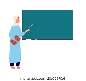 Arab Woman Teacher. Muslim Businesswoman At Blackboard, Islamic School Office. Cartoon Female In Hijab Teaching Students Illustration