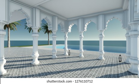 Arabain pavilion sea view 3D render without furniture in classic relax mood