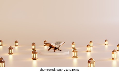 Arabian Lantern And Al Quran 3d Illustration Background. Concept Of Islamic Celebration Ramadan Kareem Or Eid Al Fitr Adha With Blank Space.