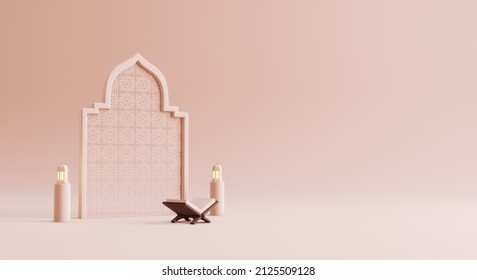 Arabian lantern, al quran and mosque portal 3d rendering background. Concept of islamic celebration ramadan kareem or eid al fitr adha with blank space.