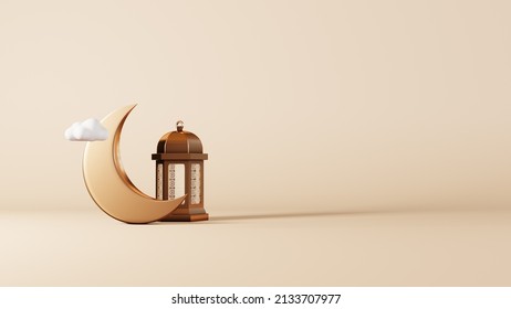 Arabian lantern, crescent moon and Al Quran 3d illustration background. Concept of islamic celebration ramadan kareem, isra miraj and eid al fitr adha with blank space. - Powered by Shutterstock