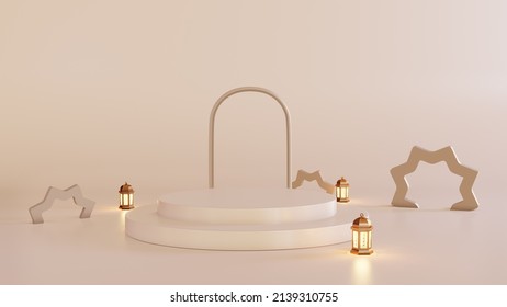 Arabian lantern and product display podium 3D rendering background. Concept of islamic celebration ramadan kareem or eid al fitr adha with blank space, bag, and gift box.