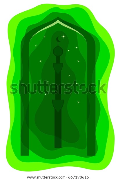 Arabic Eastern\
Background. Green Islamic Pattern with Minaret. Poster in a Flat\
Style. Raster\
Illustration