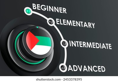 Arabic levels, learning and improvement Arabic language, concept with scale knob. 3D rendering
