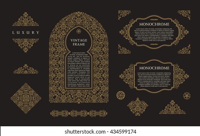 Arabic set of frames and lines of art design template. Muslim gold outline elements and emblems. Eastern floral frame. Logo line pattern for menu, postcard, restaurant, wedding invitation. Raster copy - Powered by Shutterstock