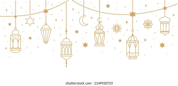 Arabic Traditional Ramadan Kareem Eastern Lanterns Garland. Muslim Ornamental Hanging Golden Lanterns, Stars And Moon  Illustration. Islamic Oriental Garland. Muslim Holiday Lantern Traditional