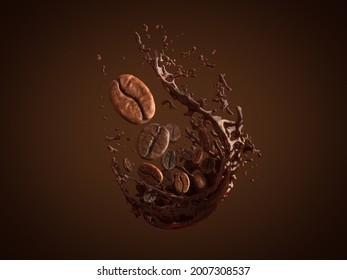 Arabica And Robusta Coffee Beans On Splash Coffee. 3D Rendering.