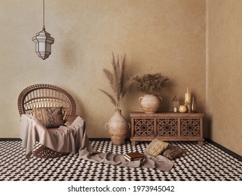 Arabic,Islamic style interior.Rattan chair,table,lamp,dried flowers vases with brown wall and patterned floor tile.3d rendering