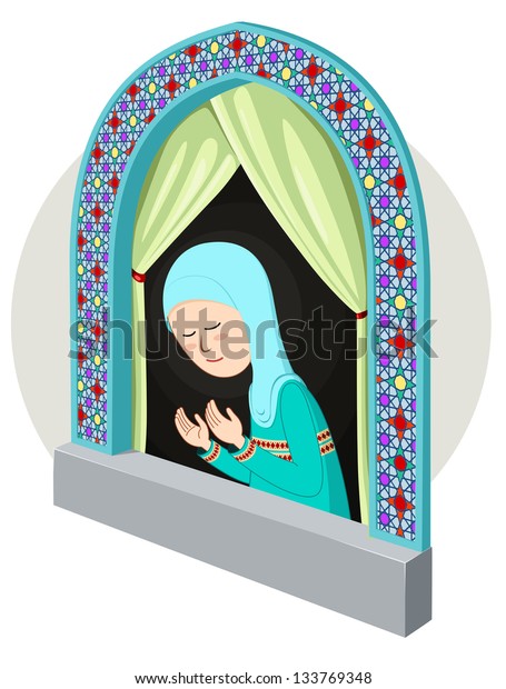 arabic/moslem girl praying in the window, suitable\
for artwork for religious\
theme