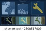 Arbe Island in the Adriatic Sea - belonging to Croatia. Described location diagram with yellow shape of the island and sample maps of its surroundings