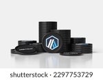 Arbitrum Arb tokens in various stacks on white background. Nice illustration suitable for cryptocurrency and digital money concepts. High quality 3D rendering.