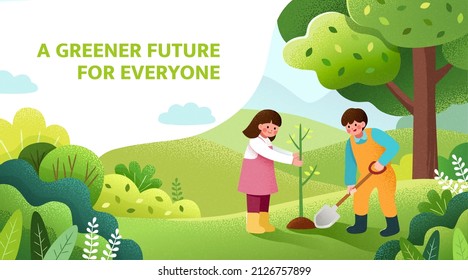 Arbor day banner. Illustration of two kids planting a small tree in nature for the environment - Powered by Shutterstock