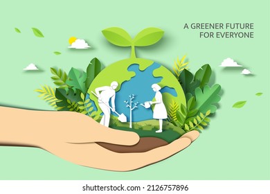 Arbor day banner. Paper cut illustration of two adult silhouettes planting a small tree in nature for greener the world environment - Powered by Shutterstock