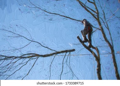 An arborist man cutting a branch off a tree. - Powered by Shutterstock