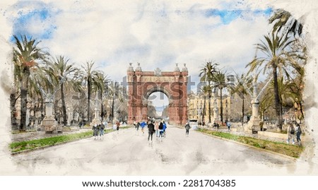 The Arc de Triomf or Arco de Triunfo in Barcelona, Spain in watercolor style illustration