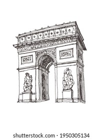 The Arc de Triomphe de l'Étoile, Paris, France. Freehand drawing. 
Quick travel sketch of The Arc de Triomphe in black color isolated on white background. 