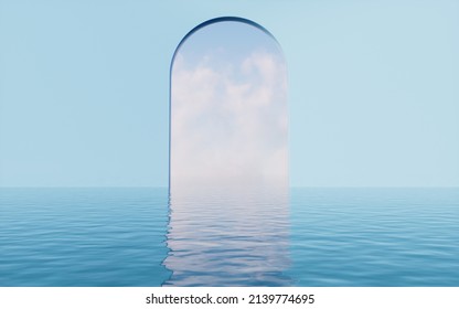 Arc Door With Water Surface, 3d Rendering. Computer Digital Drawing.