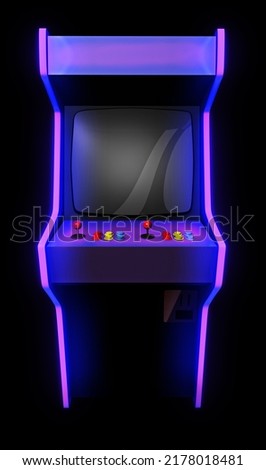 Arcade game machine, front view graphics background. 3D rendering template with empty screen for POV commercial compositions