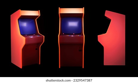 Arcade game machine, isolated rendering 3D views. Graphic elements with a neon retro aesthetic, ideal for promo edits, old style posters intros and backgrounds