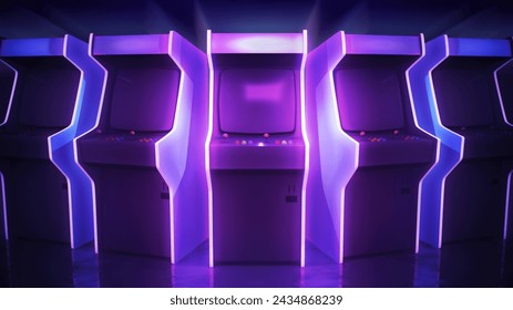 Arcade game machines in a row. 3D illustration background with a neon, retro gaming aesthetic - Powered by Shutterstock