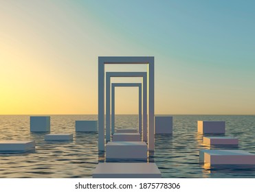 Arcade And Steps In Ocean, Sea  - Paradise View. White Stone Sculpture. Podium, Pedestal For Mockup Design. Sunny Summer Advertising Composition. Empty Space For Mockup. 3d Render Illustration