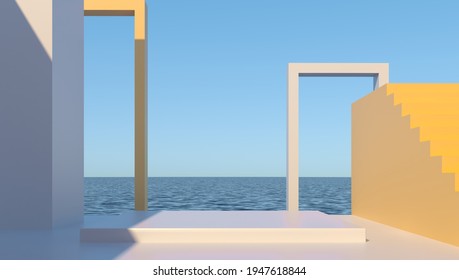 Arcade And Steps In Ocean, Sea  - Paradise View. White Stone Sculpture. Podium, Pedestal For Mockup Design. Sunny Summer Advertising Composition. Empty Space For Mockup. 3d Render Illustration
