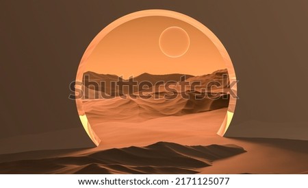 The Arch door with access to outer space of another planet. Alien sandy fantasy planet landscape. Exit to another planet minimalism.3D render