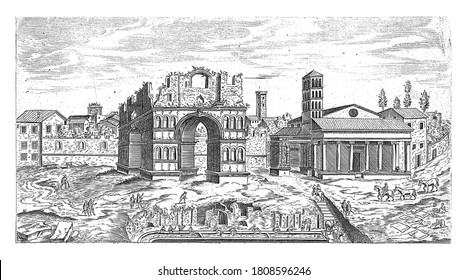 Arch of Janus in Rome, Etienne Duperac, 1575 View of the remains of the Arch of Janus in Rome. On the right the church of Santa Maria in Cosmedin, vintage engraving.