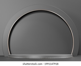 Arch, Pedestal, Shelf And Niche. Dark Black Background. 3d Render Illustration. Podium Steps For Brand Promotion Product. Creative Background For Advertising Presentation. Stand Base Mockup. 