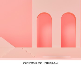 Arch, Pedestal, Stairs, Shelf And Niche. Pastel Nice Colors. 3d Render Illustration. Podium Steps For Brand Promotion Product. Creative Background For Advertising Presentation. Stand Base Mockup. 