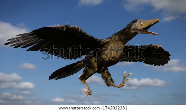 Archaeopteryx Birdlike Dinosaur Flying Through Sky Stock Illustration ...