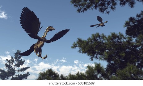 Archaeopteryx birds dinosaurs flying - 3D render