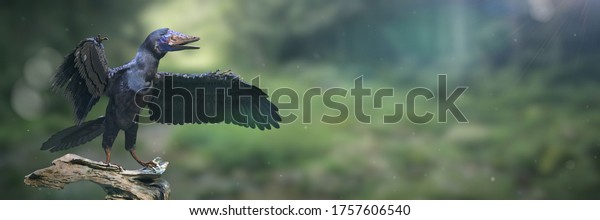 Archaeopteryx,\
early bird-like dinosaur from the Late Jurassic period around 150\
million years ago (3d illustration\
banner)