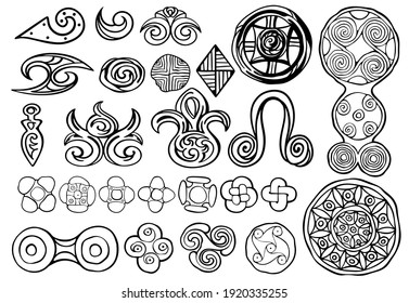 Archaic tribal ornamental motifs and elements, abstract and geometric. Set of elements of  patterns, knots, spirals. Simple black and white decor in ancient prehistoric style for custom design.