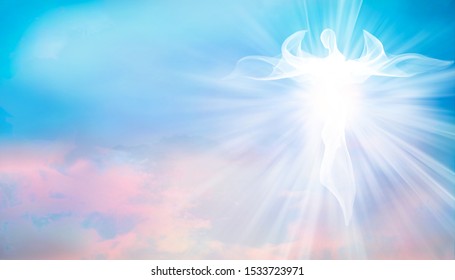 Archangel. Heavenly angelic spirit with wings. Illustration abstract white angel. Belief. Afterlife. Spiritual Angel. Blessing. Sky clouds with bright light rays. Heaven. Faith. Web banner