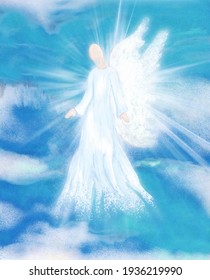 Archangel. Heavenly angelic spirit with wings. Hand draw Illustration abstract angel. Belief. Afterlife. Spiritual Angel. Sky clouds with bright light rays. Blessing. Inspiration. Faith