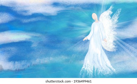 Archangel. Heavenly Angelic Spirit With Wings. Hand Draw Illustration Abstract Angel. Belief. Afterlife. Spiritual Angel. Sky Clouds With Bright Light Rays. Blessing. Inspiration. Banner