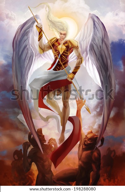 Archangel Michael Descending Fighting Demons Illustration Stock ...