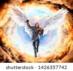 Archangel Michael, with flaming sword and shield, flying on feathered wings into hell, 3d render painting